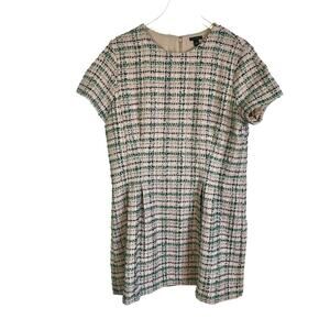 Ann Taylor Pink Cream & Green Plaid Tweed Dress Fit & Flare Short Sleeve Size 16